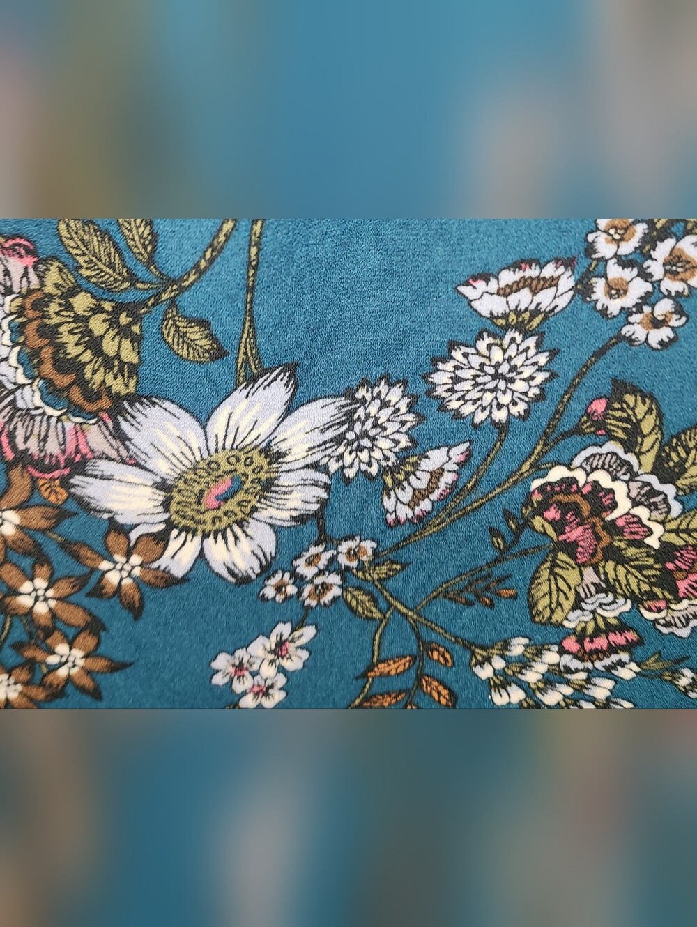 Teal Floral Zip Neck Roll Tab Sleeve Blouse Size S/M - Picture 3 of 4
